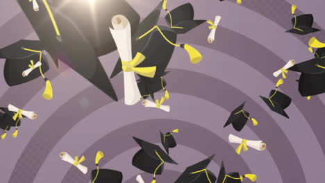 Animation-of-graduation-hats-and-diploma-over-gray-circles