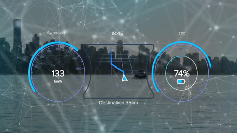Animation-of-speedometer-and-network-of-connections-over-cityscape
