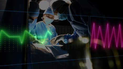 Animation-of-cardiograph-over-diverse-surgeons-in-operating-theatre