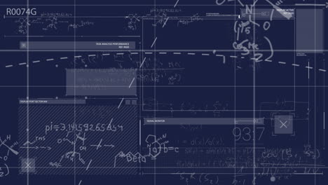 Animation-of-mathematical-equations-and-data-processing-on-blue-background