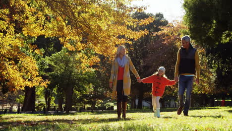 Animation-Von-Brennendem-Papier-über-Glücklichen-Kaukasischen-Eltern-Mit-Tochter-Beim-Spaziergang-Im-Park