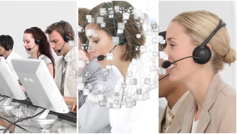 Animation-of-network-of-connections-with-globe-over-diverse-businesspeople-using-phone-headsets