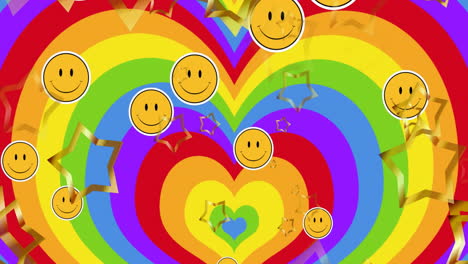Animation-of-pride-lgbtq,-smiley-faces-and-stars-falling-over-rainbow-heart-background