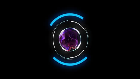 Animation-Eines-Blau-weißen-Kreisförmigen-Scanners,-Der-Violette-Netzwerkwellen-Auf-Schwarzem-Hintergrund-Verarbeitet