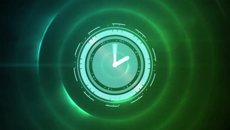 Animation-of-moving-clock-over-green-circles-on-black-background