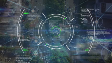 Animation-Eines-Netzwerks-Von-Verbindungen-Und-Umfangsscans-Mit-Datenverarbeitung-über-Einer-Stadtlandschaft