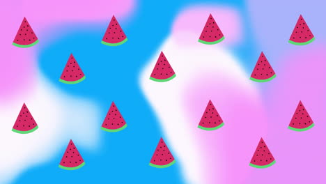 Animation-of-moving-watermelons-over-blue-and-white-shapes