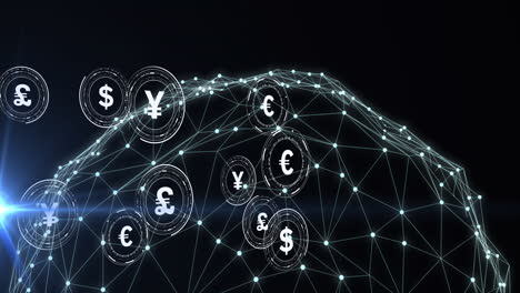 Animation-of-globe-of-connections-with-currency-symbols-on-black-background