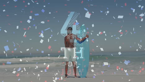 Animation-of-4th-of-july-text-over-confetti-and-african-american-man-with-surfboard-on-beach