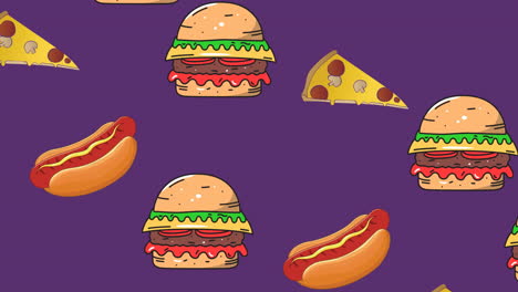 Animation-Bewegter-Junk-Food-Symbole-Auf-Violettem-Hintergrund