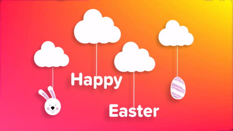Animation-of-happy-easter-text-with-clouds,-bunny-and-egg-over-shapes-on-orange-background