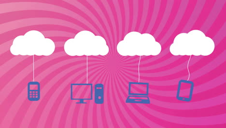 Animación-De-Nubes-Con-Dispositivos-Electrónicos-Sobre-Rayas-Rosas