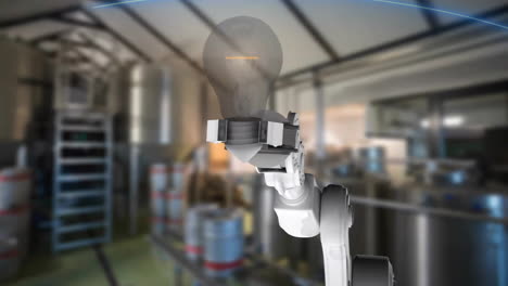 Animation-of-robot-arm-picking-up-and-holding-illuminated-light-bulb-in-factory
