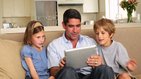 Cute-children-using-tablet-with-father-on-couch