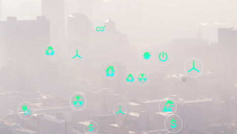 Animation-of-network-of-eco-icons-over-cityscape