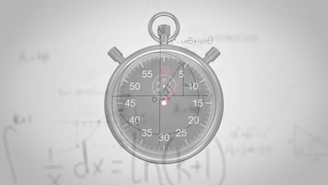 Animation-of-mathematical-equations-over-timer-on-white-background