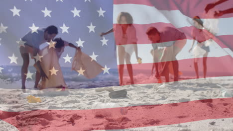 Animation-of-flag-of-usa-over-happy-diverse-friends-recycling-on-beach-in-summer