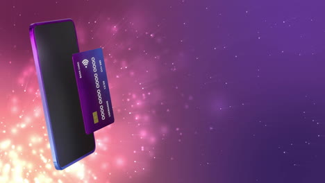 Animation-of-smartphone-and-credit-card-with-data-over-purple-background