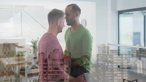 Animation-of-cityscape-over-diverse-male-couple-embracing