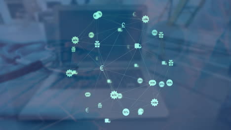 Animation-of-laptop-and-network-of-connections-with-icons-over-stethoscope