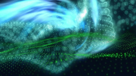 Animation-of-blue-lights-and-blue-and-green-network-waves-on-black-background