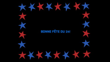 Animation-of-bonne-fete-du-14-text-with-red-and-blue-stars-on-black-background