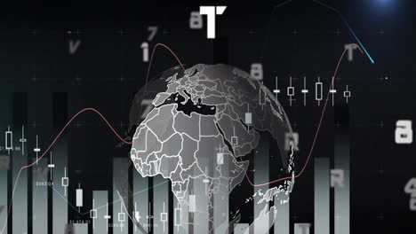 Animation-of-data-processing-and-globe-over-diagram-on-black-background