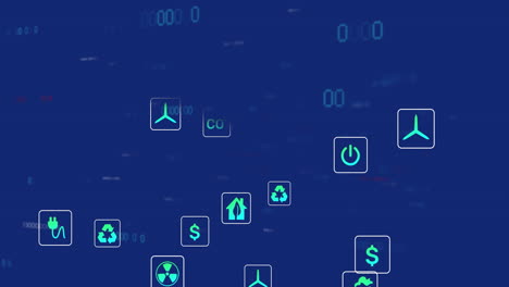 Animation-Digitaler-Öko-Symbole-Und-Datenverarbeitung-Auf-Blauem-Hintergrund