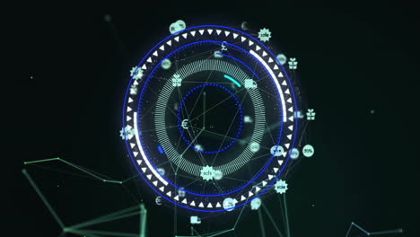 Animation-of-scope-scanning-and-globe-of-connections-with-icons-on-black-background