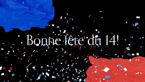 Animation-Des-Textes-„Bonne-Fete-Du-14“-Mit-Französischer-Flagge-Und-Konfetti-Auf-Schwarzem-Hintergrund