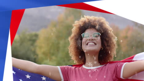 Animation-of-usa-elections-text-and-american-flag,-diverse-man-with-vote-badge-and-woman-waving-flag