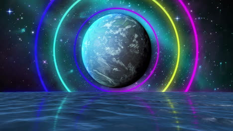 Animation-of-colourful-shapes-over-planet-and-water-on-sky-with-stars