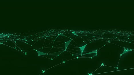 Animation-of-glowing-green-3d-network-of-connections-on-black-background