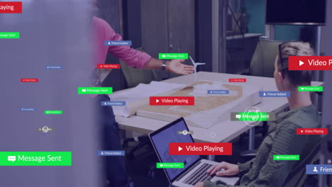Animation-of-social-media-notifications-over-diverse-architects-discussing-at-casual-office