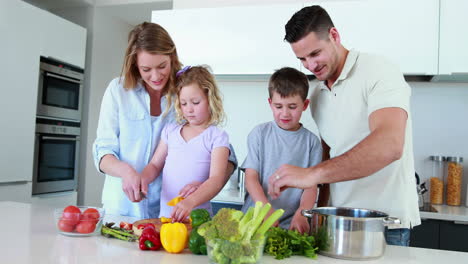 Lächelnde-Familie-Bereitet-Gemeinsam-Ein-Gesundes-Abendessen-Vor