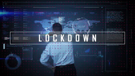 Animation-of-lockdown-text-over-caucasian-businessman-using-digital-screen