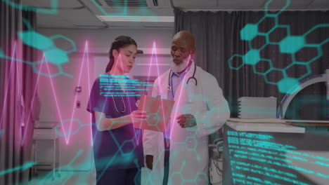 Animation-of-data-processing-and-chemical-formula-over-diverse-doctors-talking-in-hospital