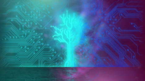 Animation-of-glowing-blue-tree-network-and-motherboard-over-pink-and-blue-defocused-lights