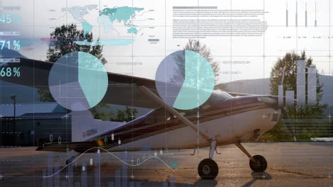 Animation-of-charts-and-processing-data-over-small-aeroplane-in-countryside