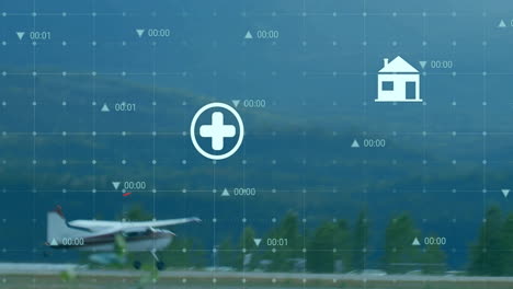 Animation-Von-Symbolen-Und-Der-Verarbeitung-Finanzieller-Daten-über-Einem-Flugzeug-Auf-Der-Landebahn