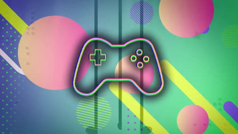 Animation-of-interference-over-gamepad-icon-and-shapes-on-green-background