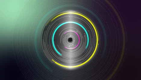 Animation-of-colourful-circles-spinning-on-black-background