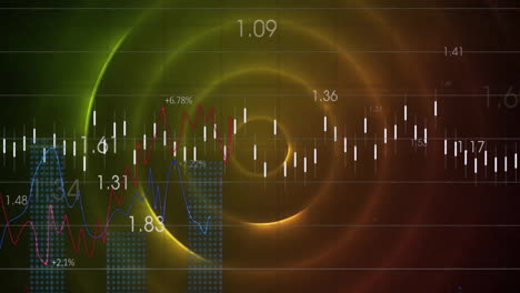 Animation-of-data-processing-over-colourful-circles-on-black-background