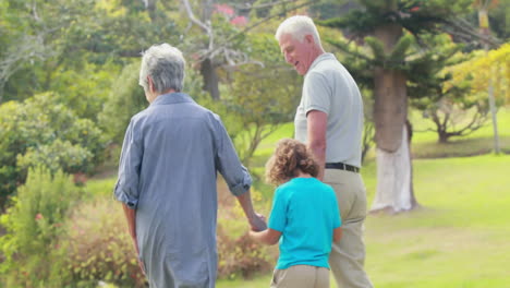 Animation-of-black-shapes-over-happy-caucasian-grandparents-with-grandson-walking-in-park