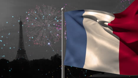 Animación-De-La-Bandera-De-Francia-Con-Fuegos-Artificiales-Y-Fondo-De-La-Torre-Eiffel