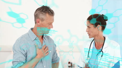 Animation-of-data-processing-and-chemical-formula-over-caucasian-female-doctor-talking-with-patient