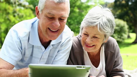 Happy-senior-couple-relaxing-in-the-park-using-tablet
