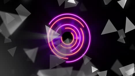Animation-Von-Neonkreisen,-Die-über-Grauen-Dreiecken-Auf-Schwarzem-Hintergrund-Rotieren