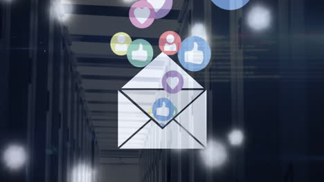 Animation-of-envelope-with-social-media-icons-and-light-trails-over-server-room