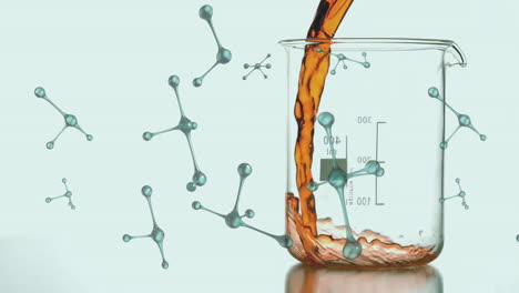 Animation-of-molecules-over-fluid-pouring-in-beaker